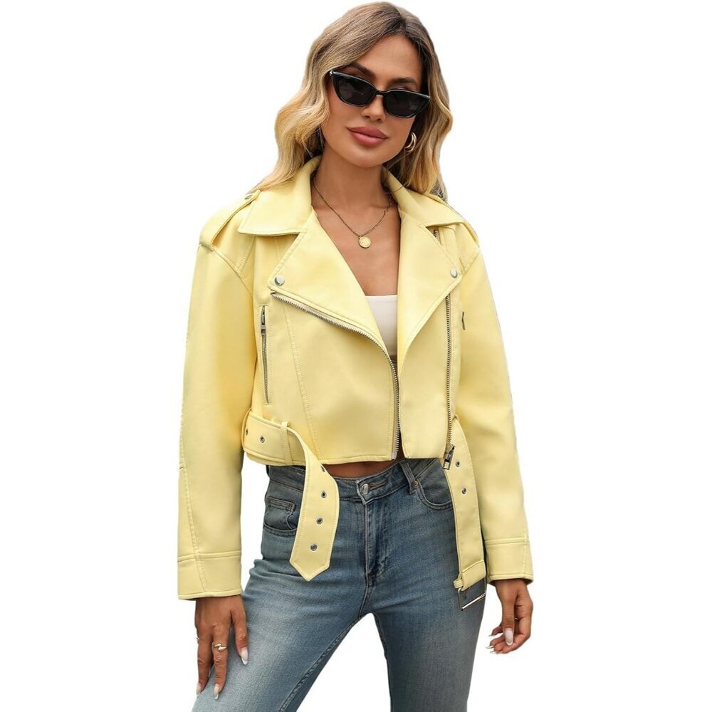 Women's Yellow Faux Leather Cropped Jacket Vegan Motor Biker Coat with Belt